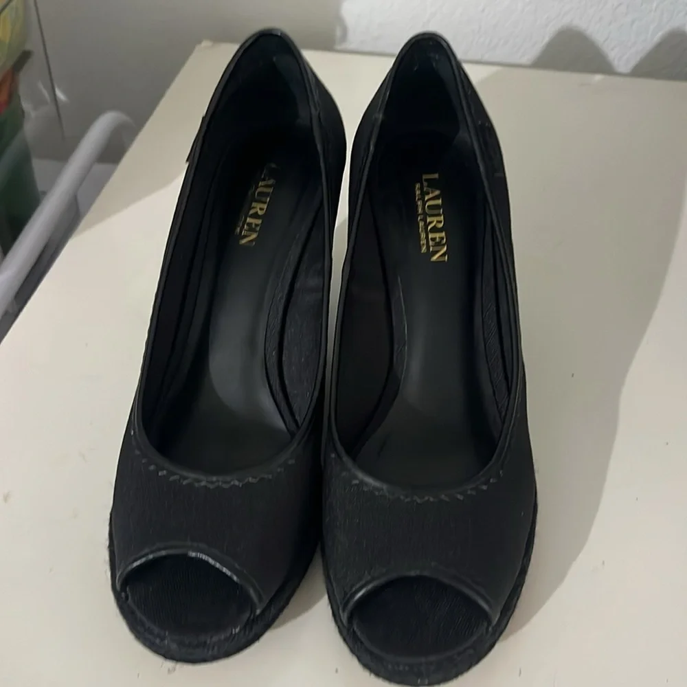 Lauren Ralph Lauren Women’s Nella Canvas Wedge Peep Toe Shoes Size 9.5 Black